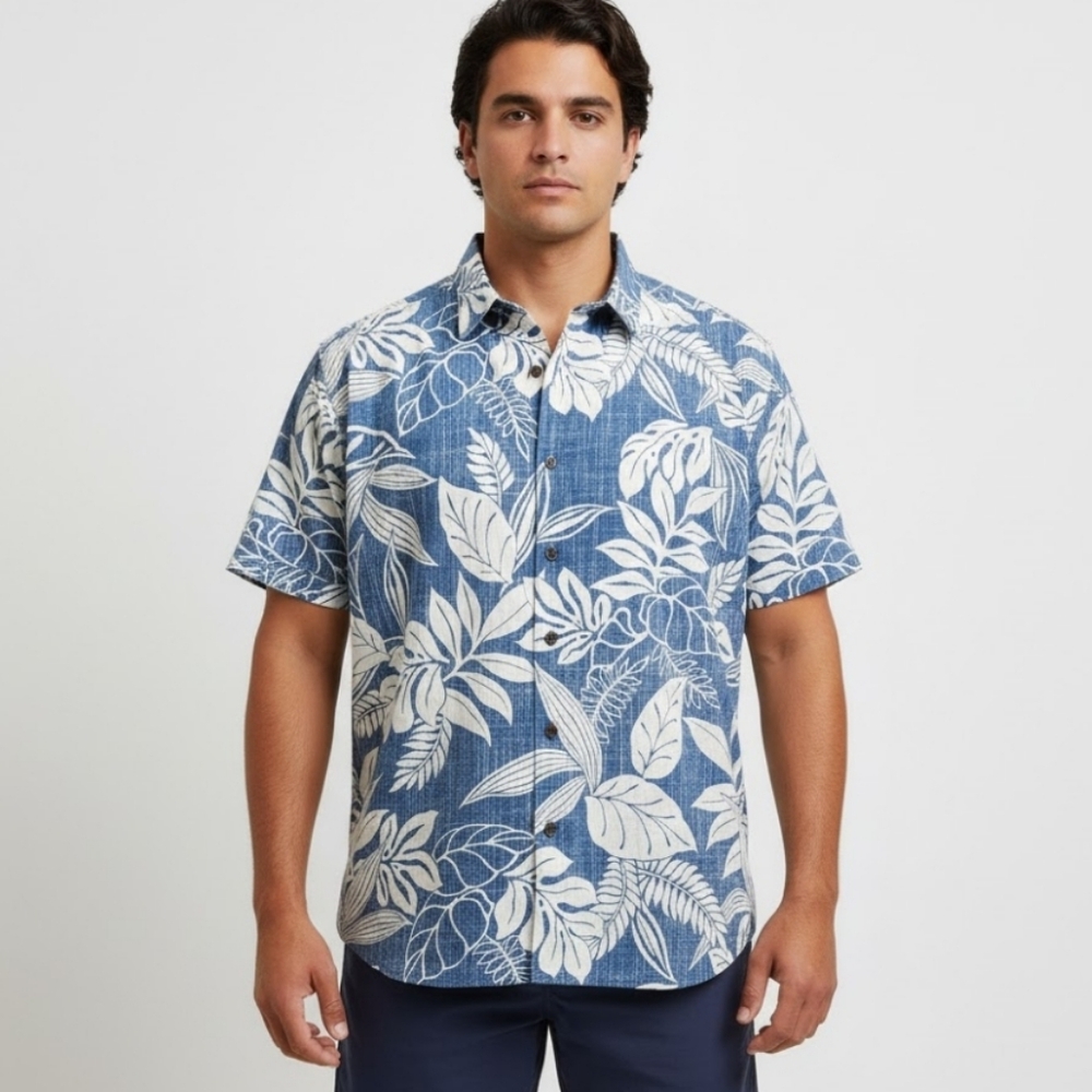 QUIKSILVER Men's XXL Blue White Tropical Short Sleeve Button Down Shirt‎ NWT